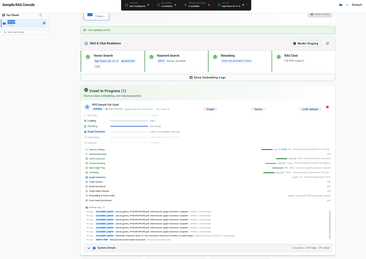 Kompile RAG Console — real-time crawl with live pipeline progress, graph extraction, and activity log
